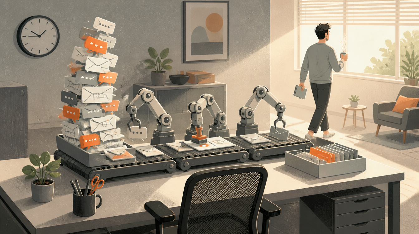 A worker walks away with a coffee while a miniature assembly line of robot arms on his desk sorts a teetering pile of envelopes and chat messages