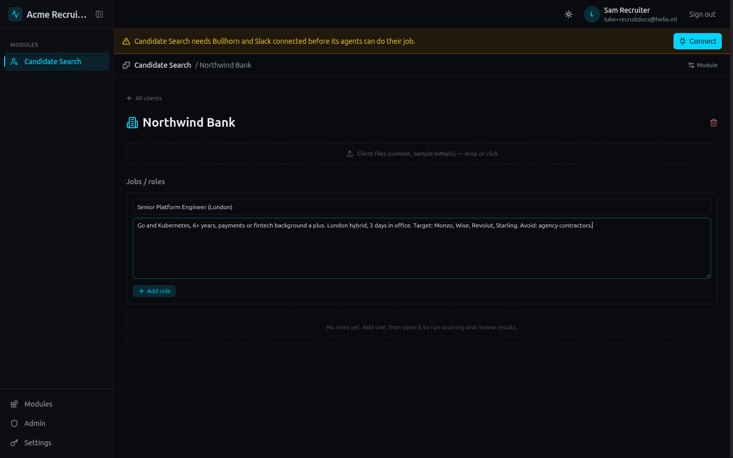 The client page with a new role title and brief being entered