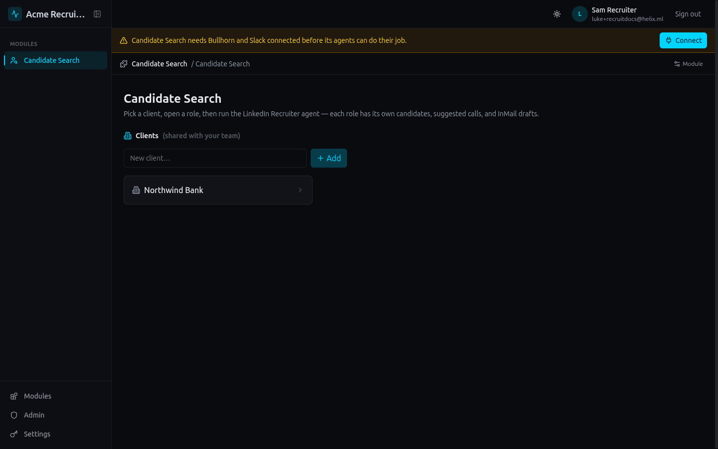 The Candidate Search page with the client Northwind Bank added