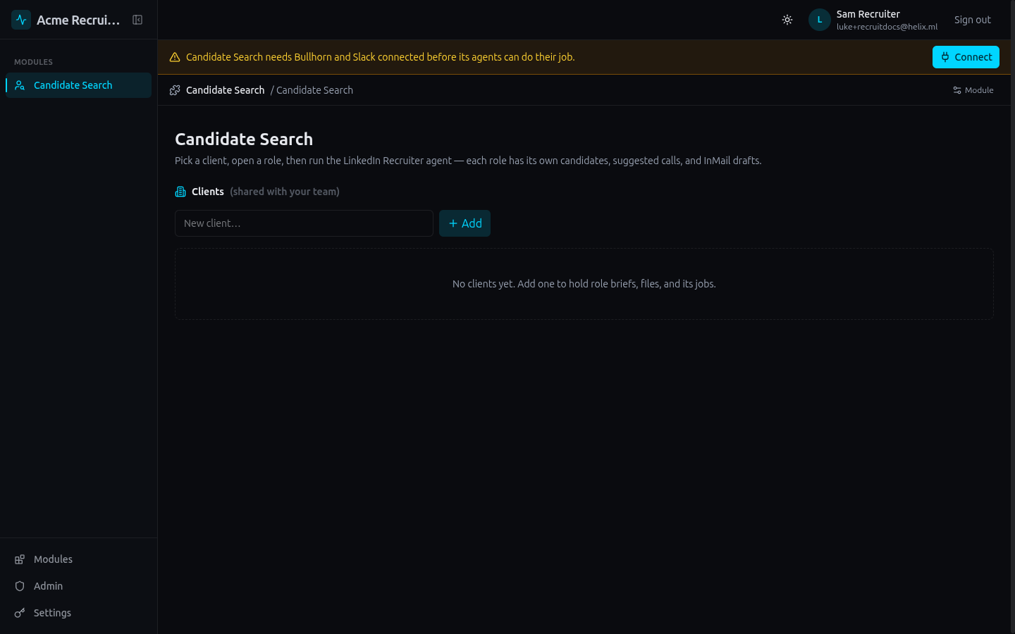 A yellow banner reading "Candidate Search needs Bullhorn and Slack connected before its agents can do their job" with a Connect button