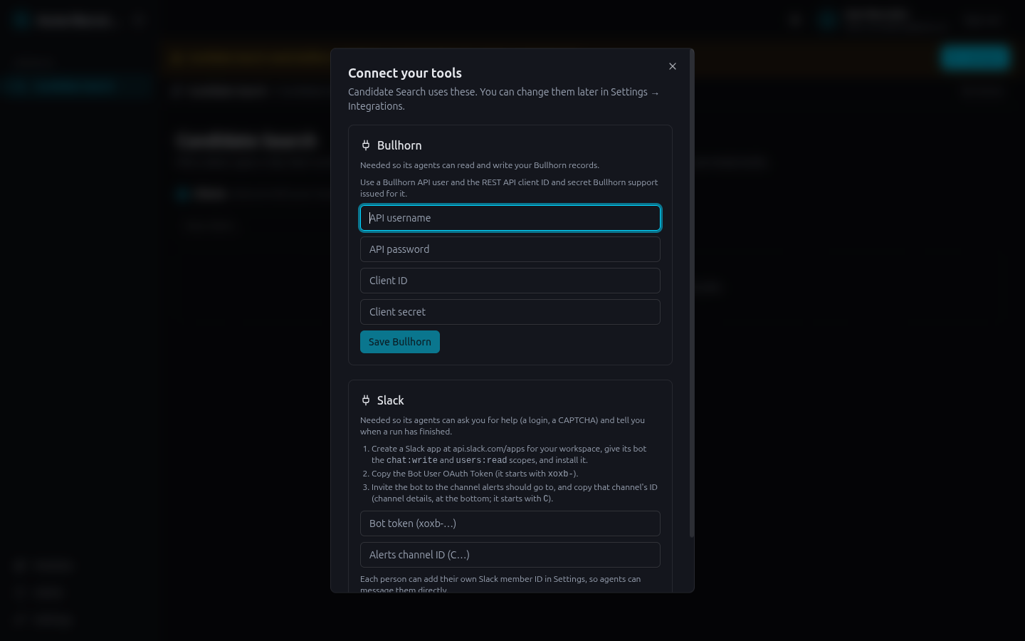 The Connect your tools dialog with the Bullhorn and Slack forms