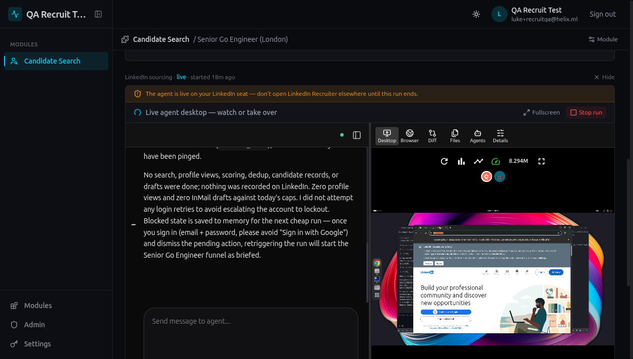 A live run: the agent's chat on the left reporting that it is waiting for a LinkedIn sign-in, and its desktop on the right showing the LinkedIn sign-in page