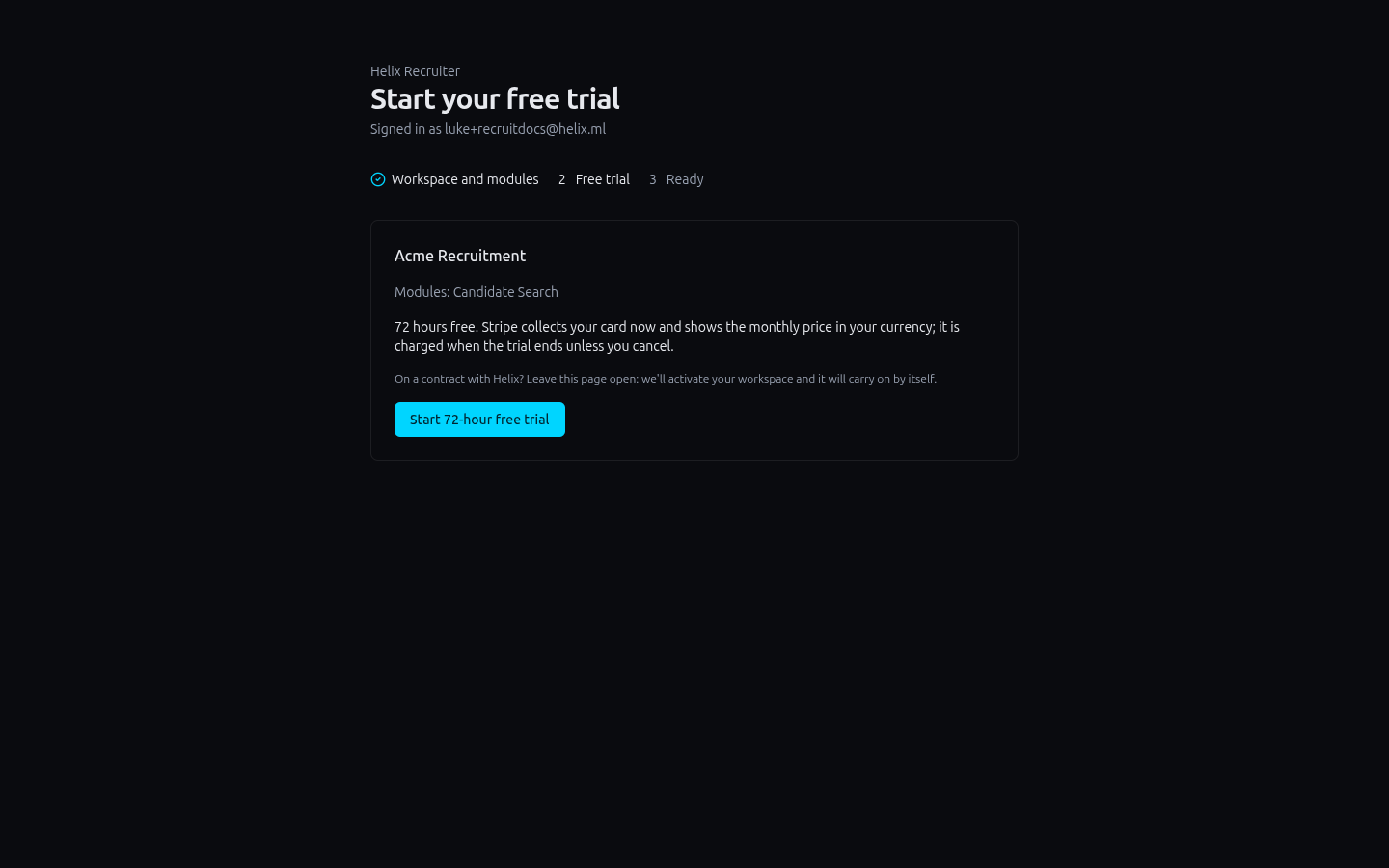 The trial step showing the workspace summary, the Start 72-hour free trial button and the note for contract customers