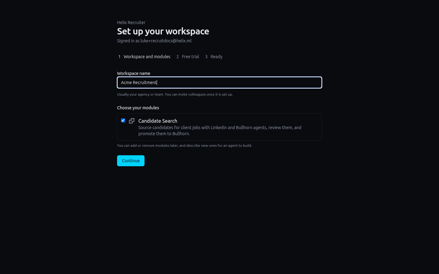 Workspace setup with the name "Acme Recruitment" entered and the Candidate Search module ticked