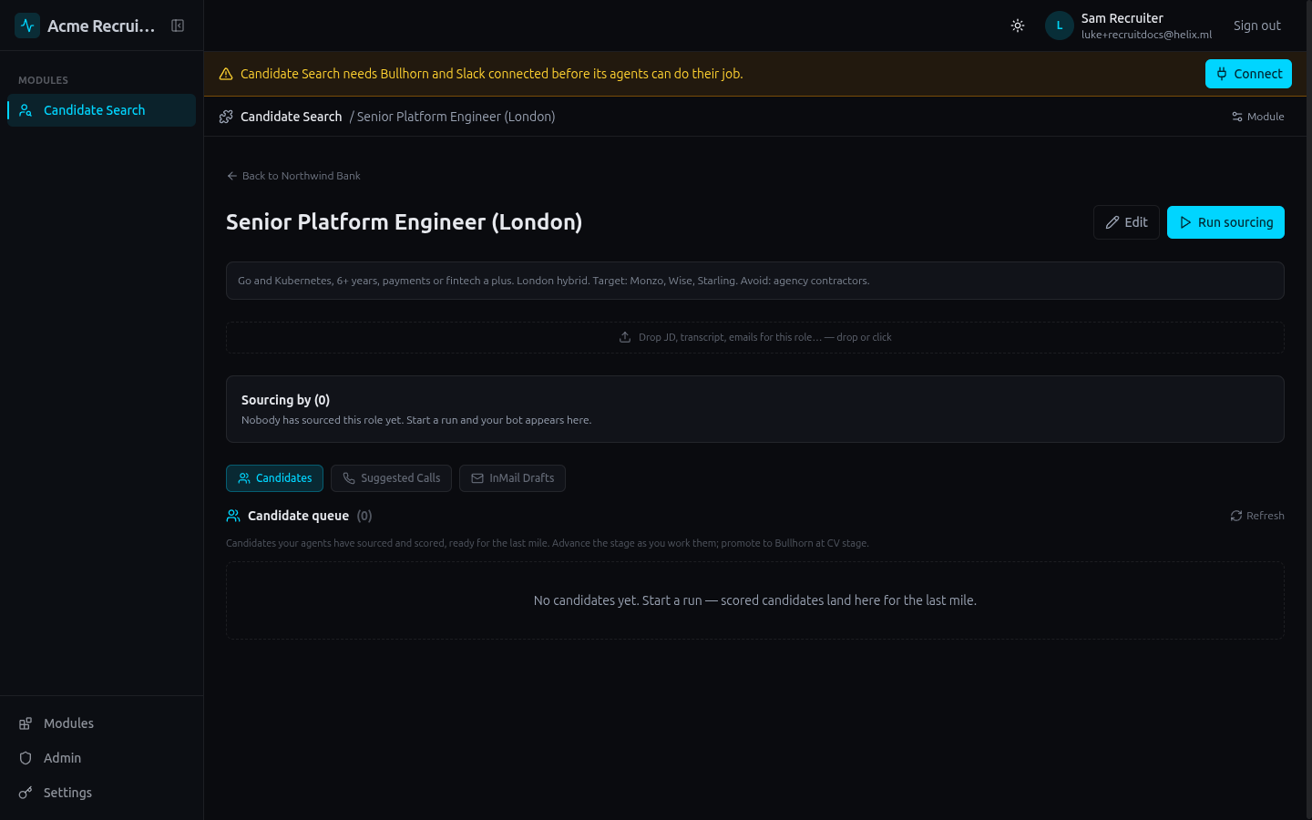 The role page for Senior Platform Engineer (London) showing its brief, Run sourcing button and empty candidate queue