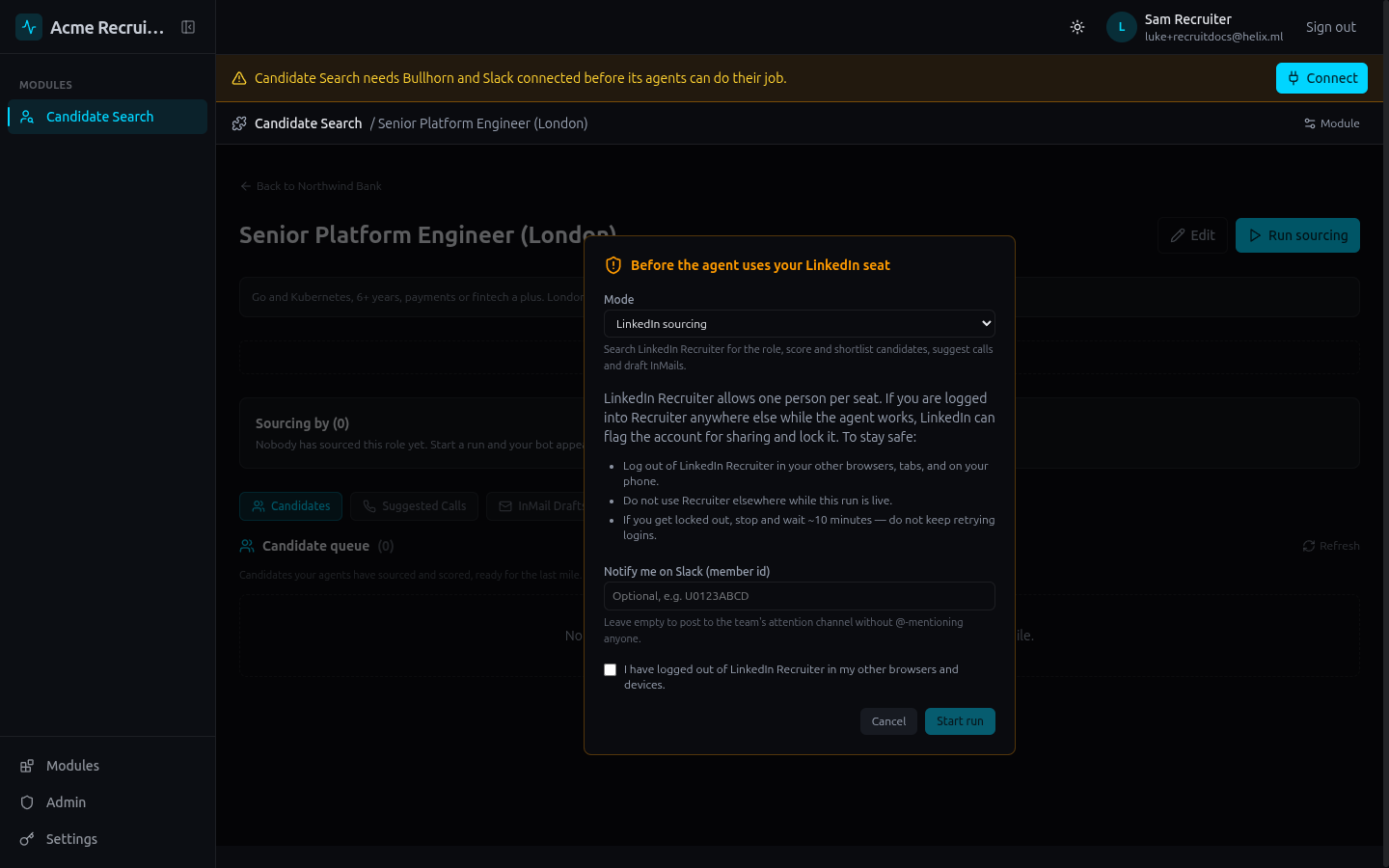 The run dialog with the LinkedIn safety checklist, the mode picker and the Start run button