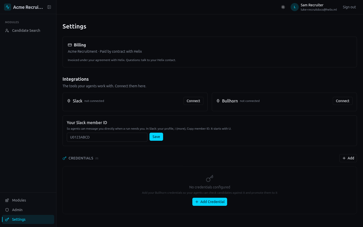 Settings showing billing, the Slack and Bullhorn integration cards and the Your Slack member ID field