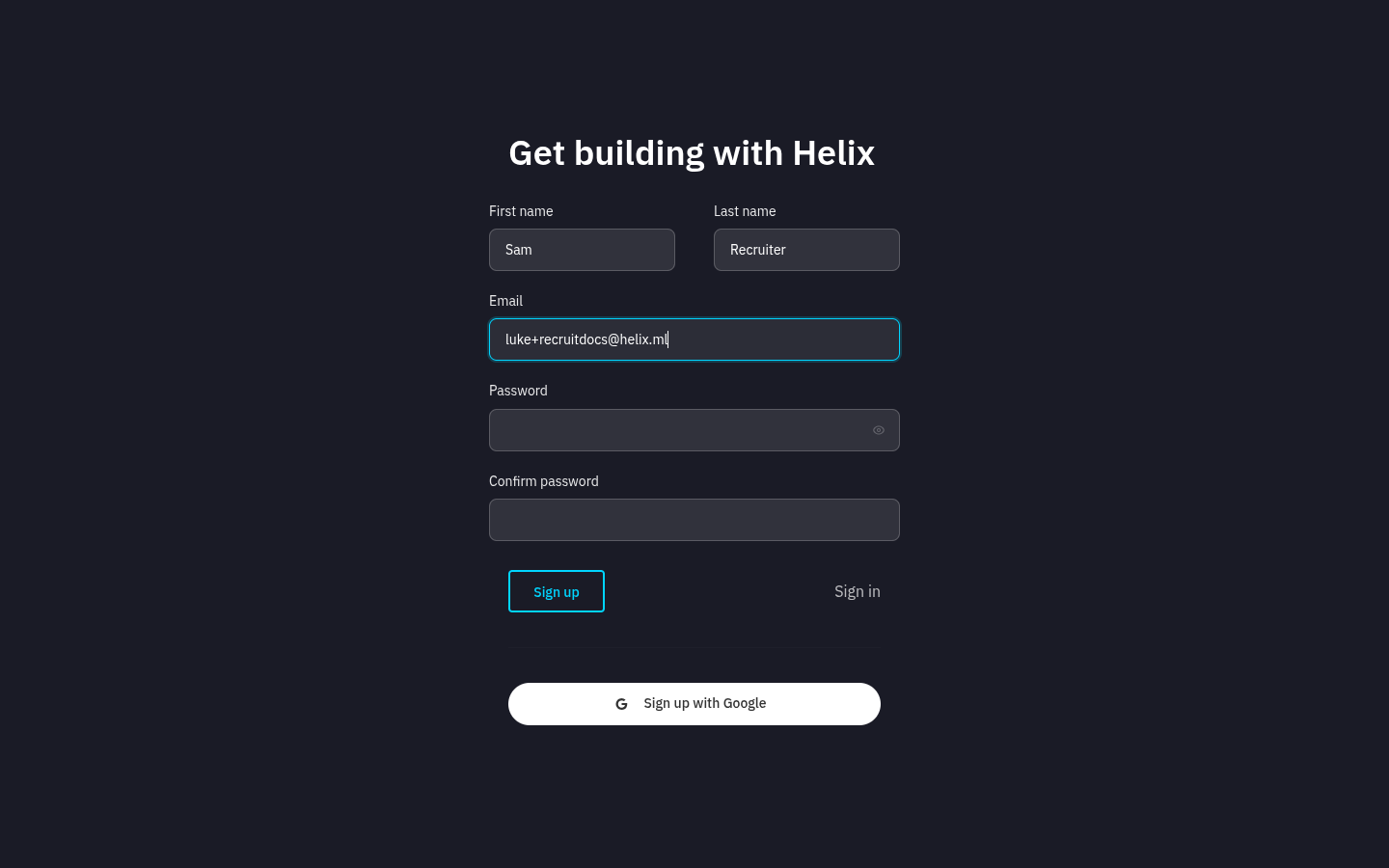 The Helix sign-up form with first name, last name, email and password fields