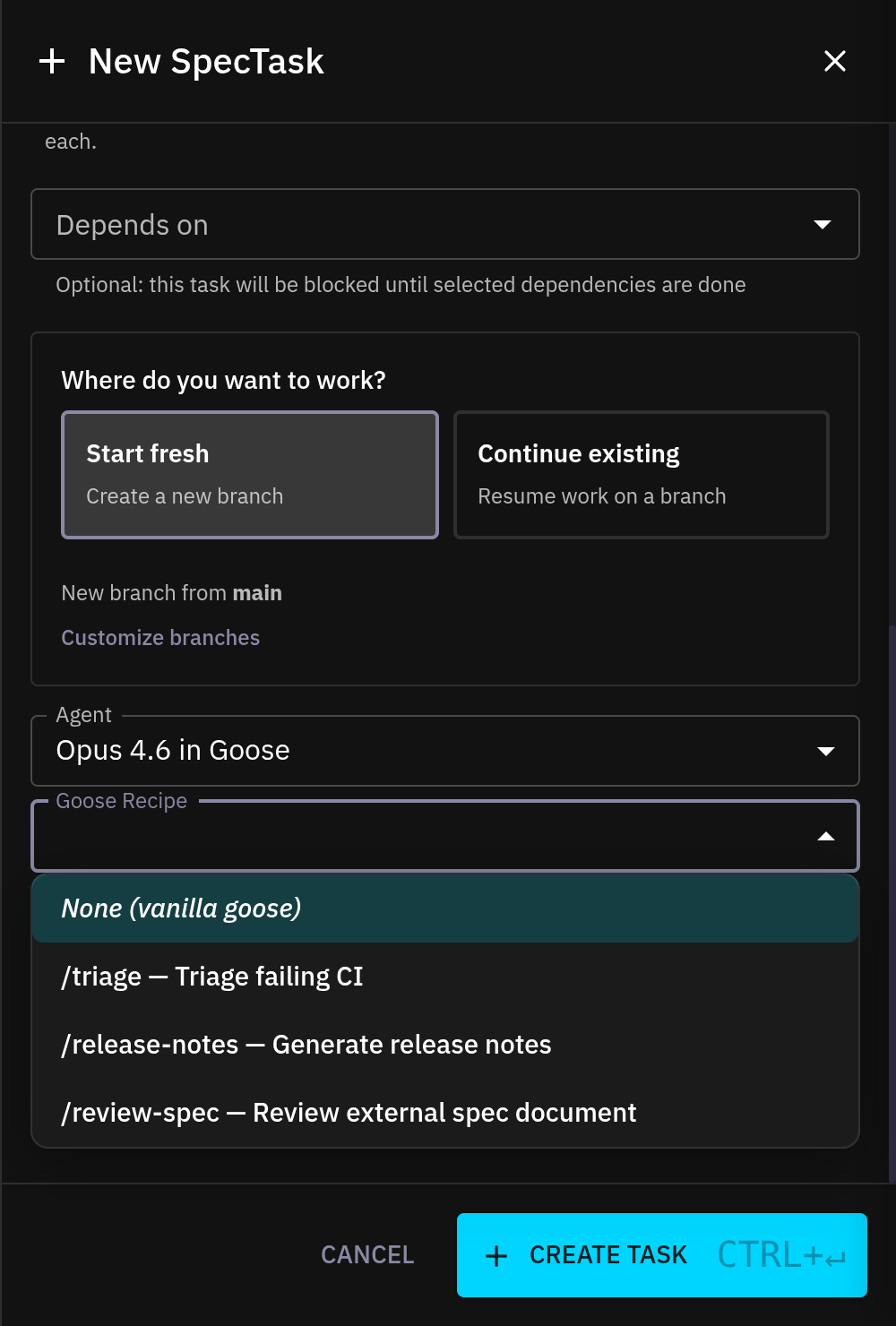 Goose Recipe dropdown on the spec-task creation form, listing None (vanilla goose), /triage, /release-notes, and /review-spec