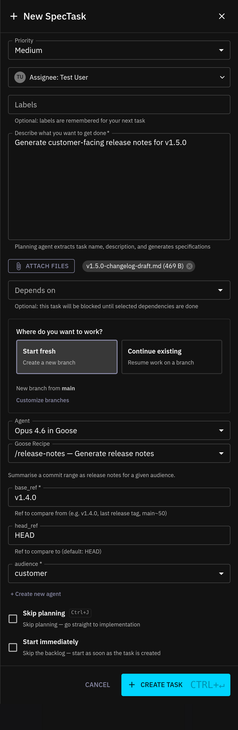 Spec-task form with the /release-notes recipe selected, showing base_ref=v1.4.0, head_ref=HEAD, audience=customer