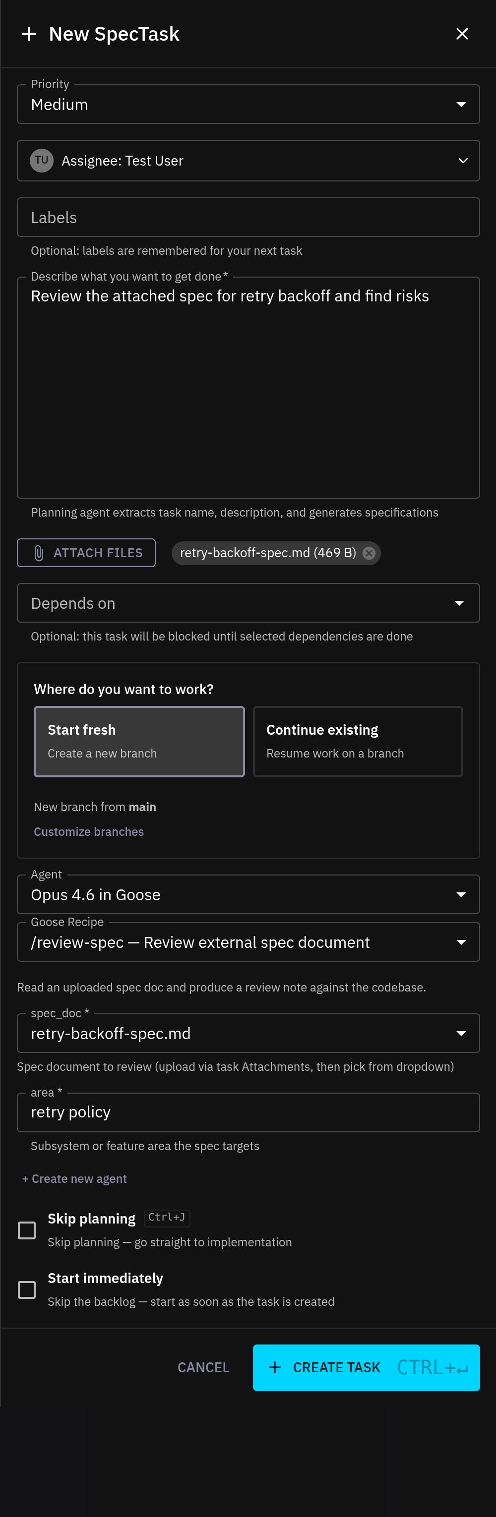 Spec-task form with the /review-spec recipe selected, showing spec_doc dropdown set to example-spec.md and area=collaboration