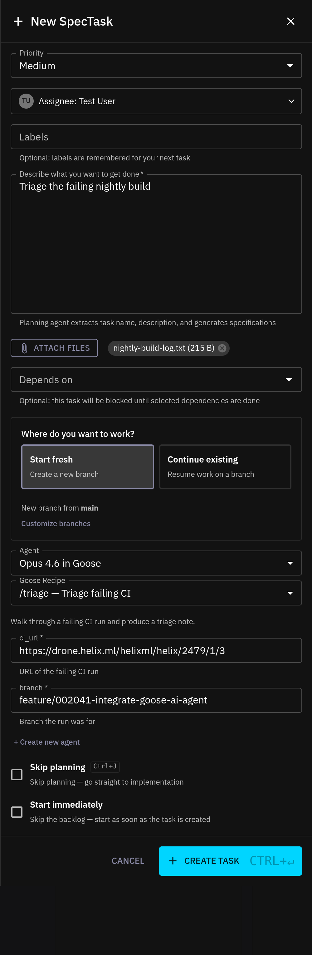 Spec-task form with the /triage recipe selected, showing ci_url and branch text inputs filled in