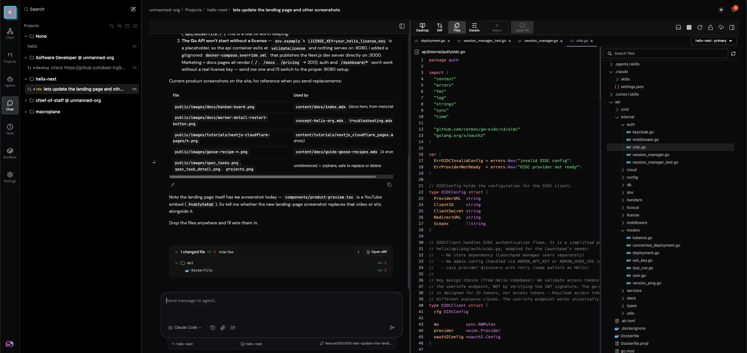 A Helix spec task with the Files tab open, showing the agent chat on the left and the sandbox working tree and Go source on the right