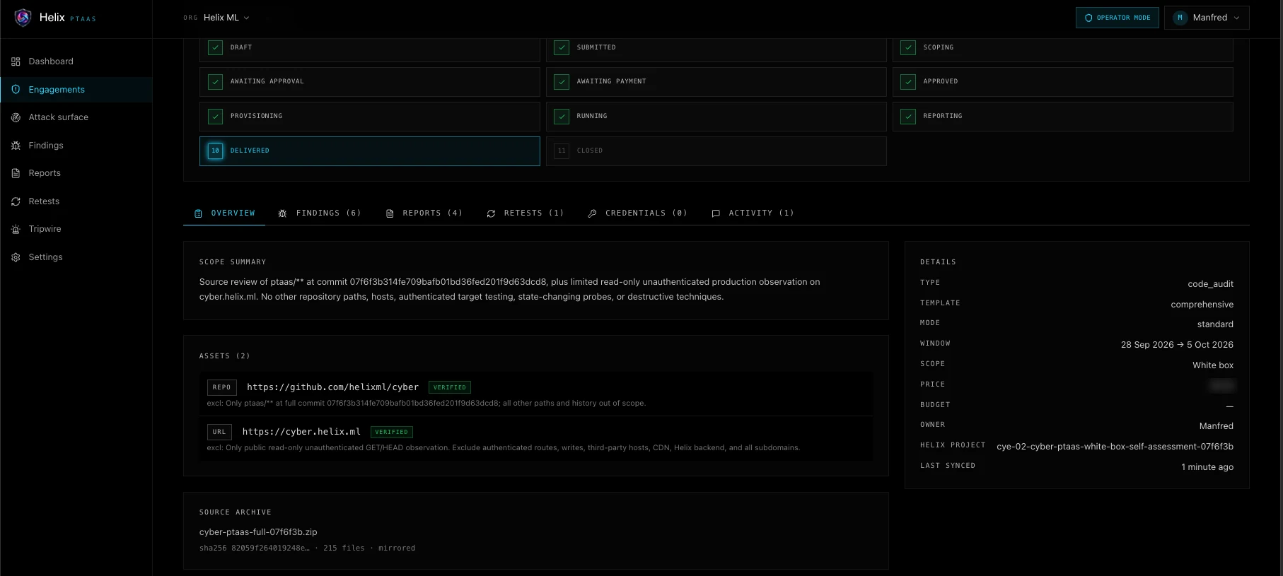 A Helix Cyber engagement page showing the lifecycle from draft to delivered, the scope summary, two verified assets (a GitHub repository and a URL), the source archive with its SHA-256 hash, and engagement details such as type, template, test window, and white-box scope