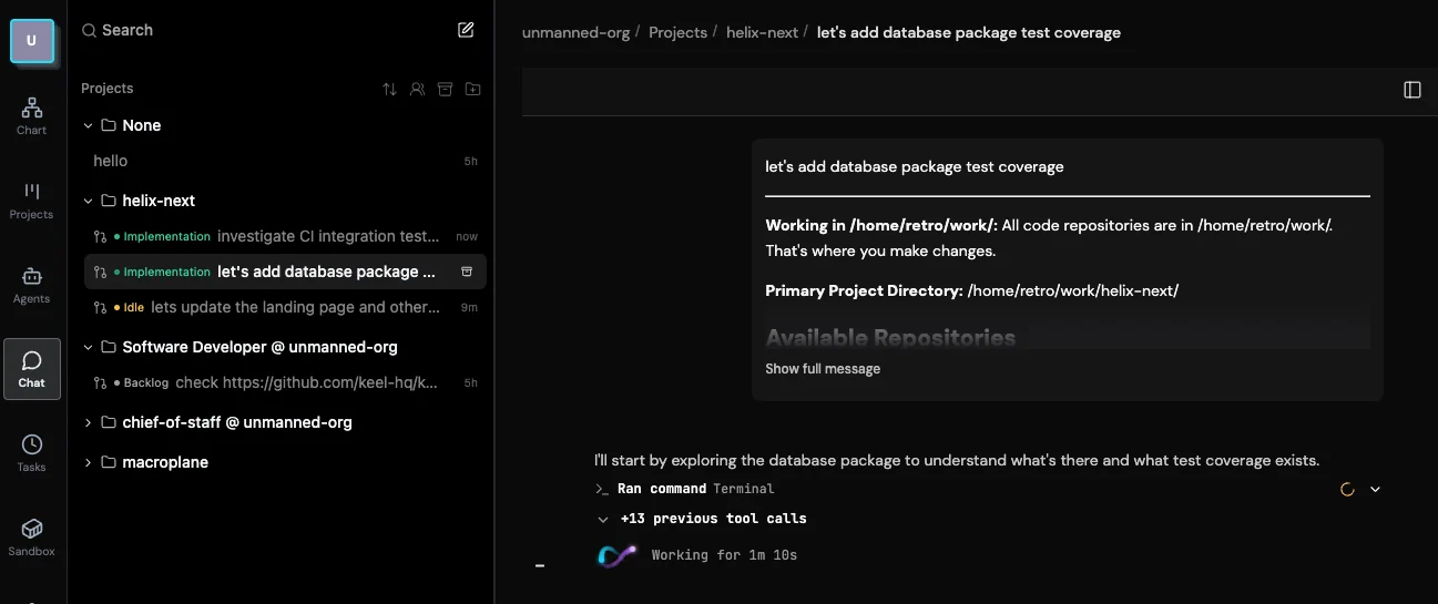 The Helix sidebar listing three spec tasks running at once in the same project, each with its own status